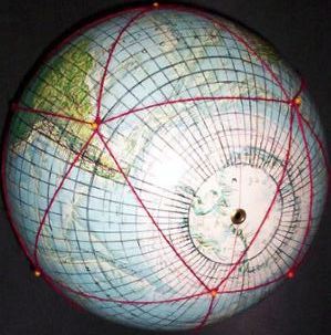 12-inch globe, with 5 degree geocells and Dymaxion map icosahedral triangles added by Gene Keyes; #1 of 20
