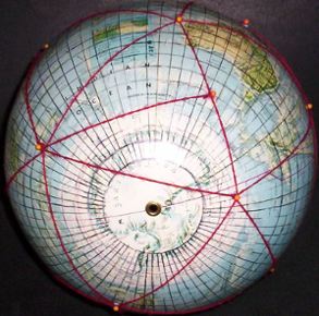 12-inch globe, with 5 degree geocells and Dymaxion map icosahedral triangles added by Gene Keyes; #2 of 20
