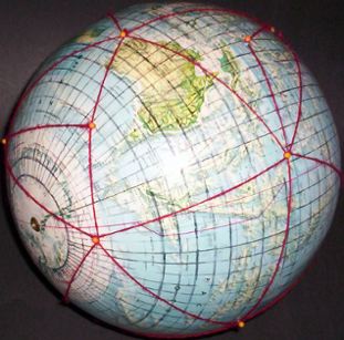 12-inch globe, with 5 degree geocells and Dymaxion map icosahedral triangles added by Gene Keyes; #3 of 20