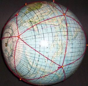 12-inch globe, with 5 degree geocells and Dymaxion map icosahedral triangles added by Gene Keyes; #4 of 20