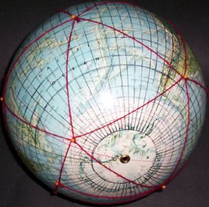 12-inch globe, with 5 degree geocells and Dymaxion map icosahedral triangles added by Gene Keyes; #5 of 20