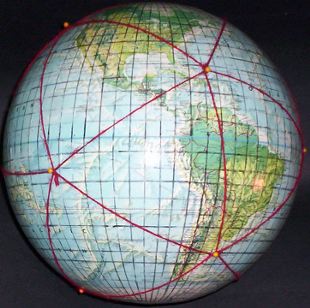 12-inch globe, with 5 degree geocells and Dymaxion map icosahedral triangles added by Gene Keyes; #6 of 20