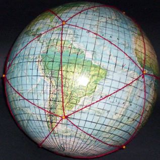 12-inch globe, with 5 degree geocells and Dymaxion map icosahedral triangles added by Gene Keyes; #7 of 20