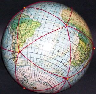 12-inch globe, with 5 degree geocells and Dymaxion map icosahedral triangles added by Gene Keyes; #8 of 20