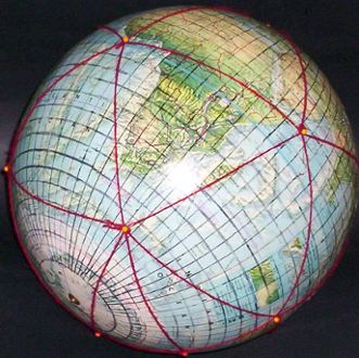 12-inch globe, with 5 degree geocells and Dymaxion map icosahedral triangles added by Gene Keyes; #9 of 20