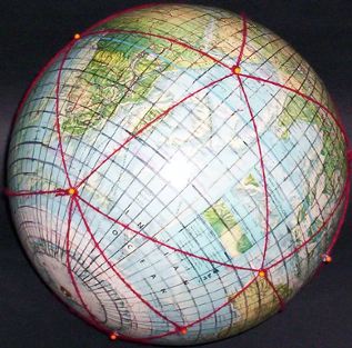12-inch globe, with 5 degree geocells and Dymaxion map icosahedral triangles added by Gene Keyes; #10 of 20