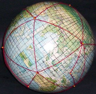 12-inch globe, with 5 degree geocells and Dymaxion map icosahedral triangles added by Gene Keyes; #11 of 20