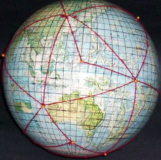 12-inch globe, with 5 degree geocells and Dymaxion map icosahedral triangles added by Gene Keyes; 12 of 20