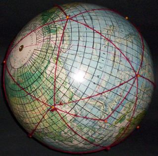 12-inch globe, with 5 degree geocells and Dymaxion map icosahedral triangles added by Gene Keyes; #13 of 20