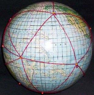 12-inch globe, with 5 degree geocells and Dymaxion map icosahedral triangles added by Gene Keyes; #14 of 20