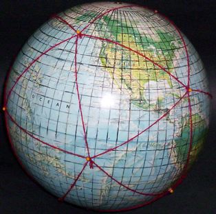 12-inch globe, with 5 degree geocells and Dymaxion map icosahedral triangles added by Gene Keyes; #15 of 20