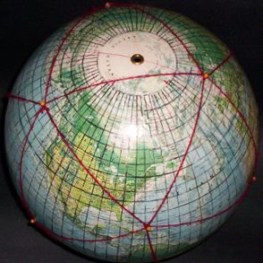12-inch globe, with 5 degree geocells and Dymaxion map icosahedral triangles added by Gene Keyes; #16 of 20