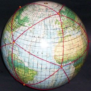12-inch globe, with 5 degree geocells and Dymaxion map icosahedral triangles added by Gene Keyes; #17 of 20