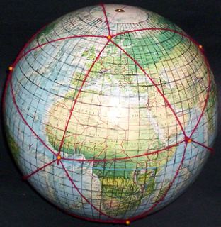12-inch globe, with 5 degree geocells and Dymaxion map icosahedral triangles added by Gene Keyes; #18 of 20
