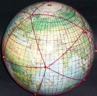 12-inch globe, with 5 degree geocells and Dymaxion map icosahedral triangles added by Gene Keyes; #19 of 20