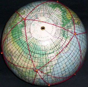12-inch globe, with 5 degree geocells and Dymaxion map icosahedral triangles added by Gene Keyes; #20 of 20