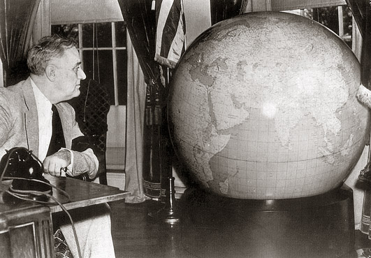 FDR looking at his 50-inch 5-degree globe