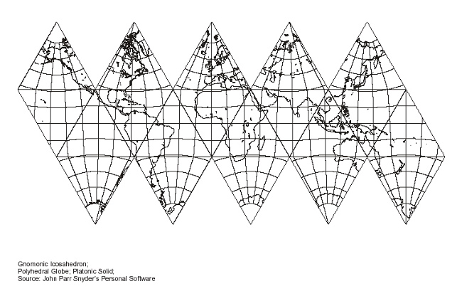 Gnomonic icosahedral world map, equatorial scale